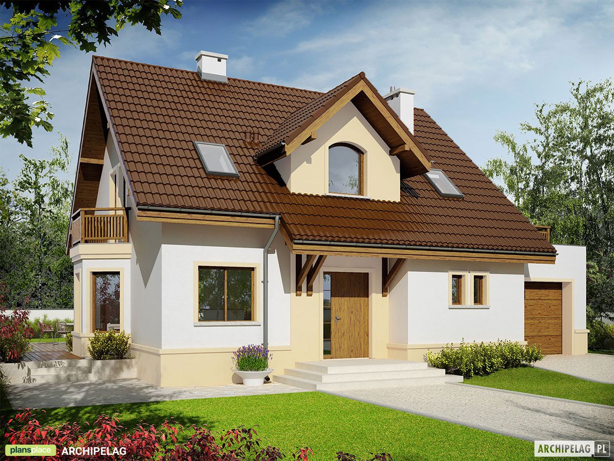 Projekt domu z poddaszem, dużą kotłownią, garażem i wykuszem