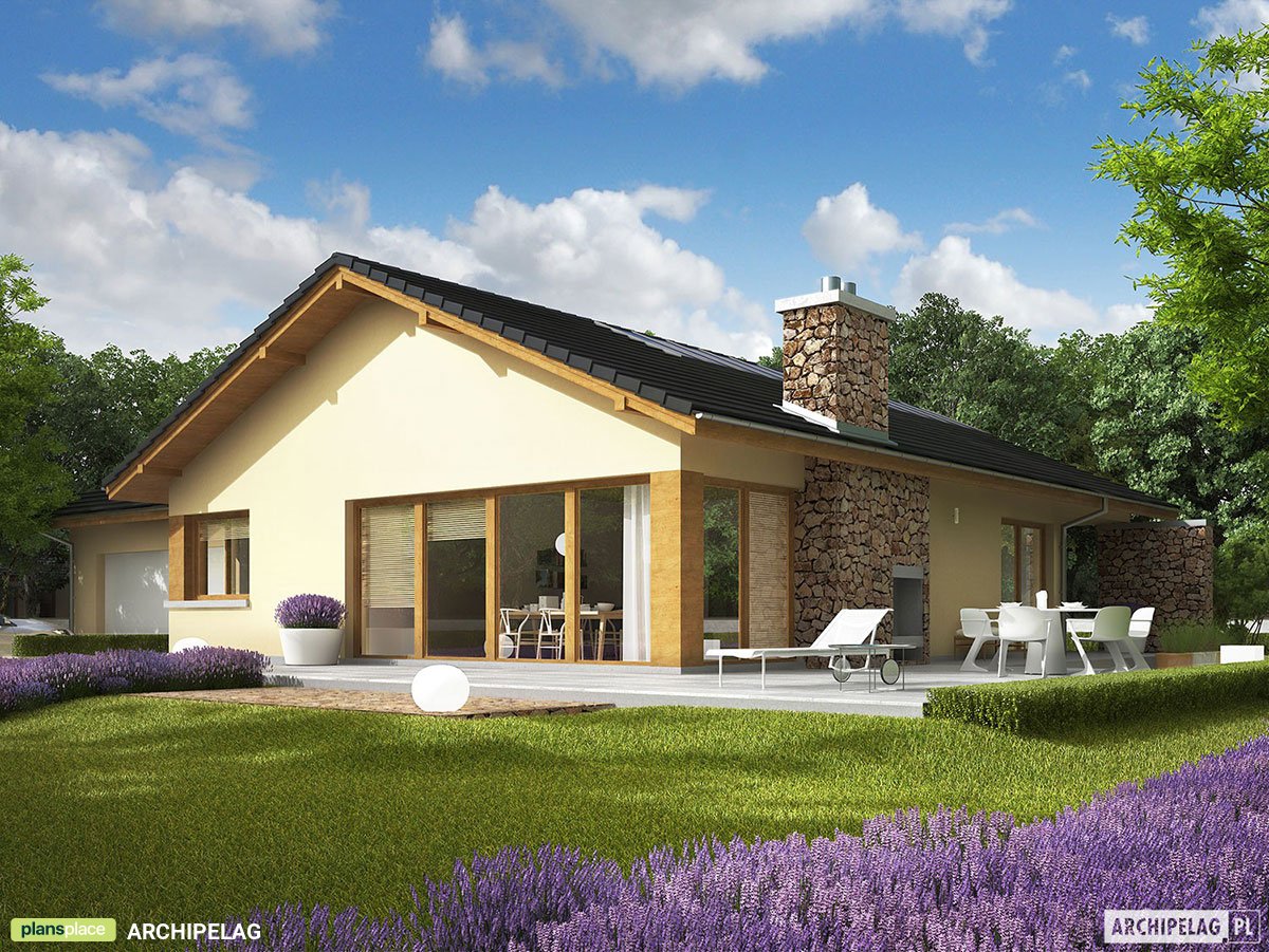 Projekt domu parterowego z garażem dwustanowiskowym z boku