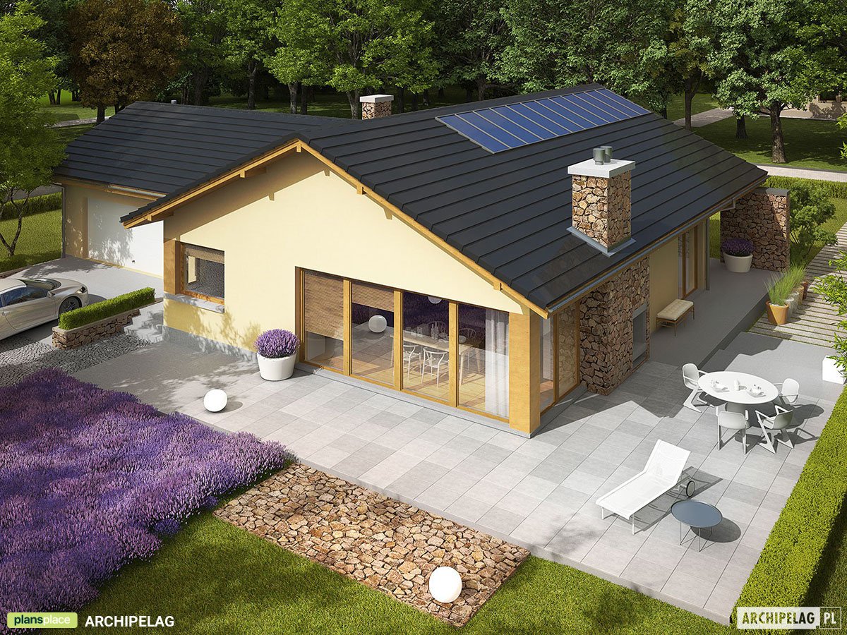 Projekt domu parterowego z garażem dwustanowiskowym z boku
