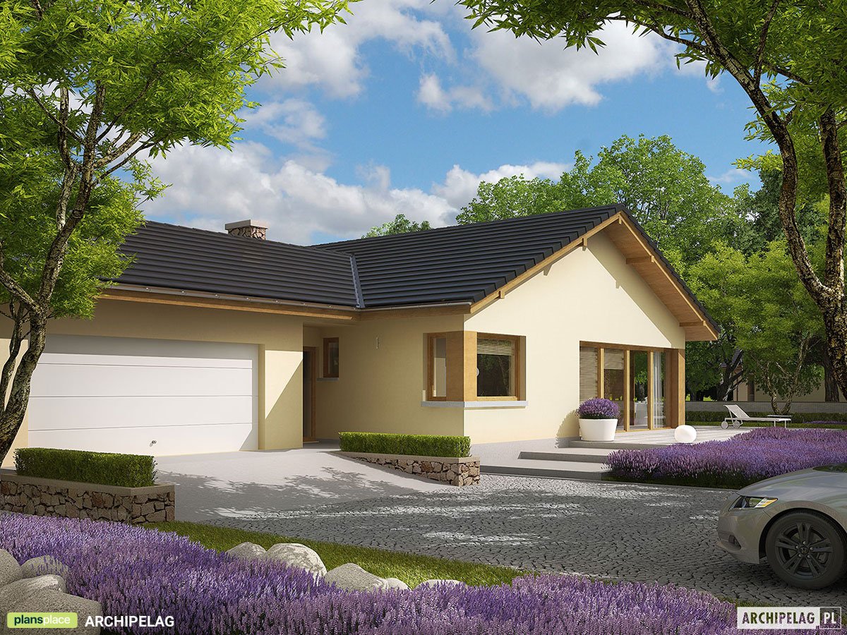 Projekt domu parterowego z garażem dwustanowiskowym z boku