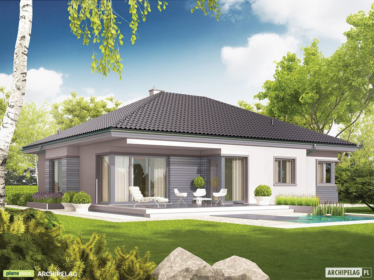 Projekt domu parterowego z dużymi oknami w salonie