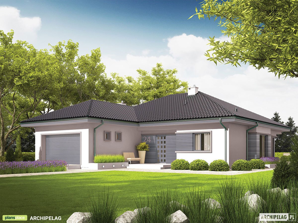 Projekt domu parterowego z dużymi oknami w salonie