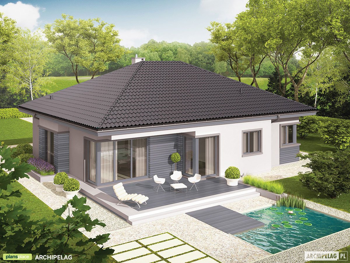 Projekt domu parterowego z dużymi oknami w salonie