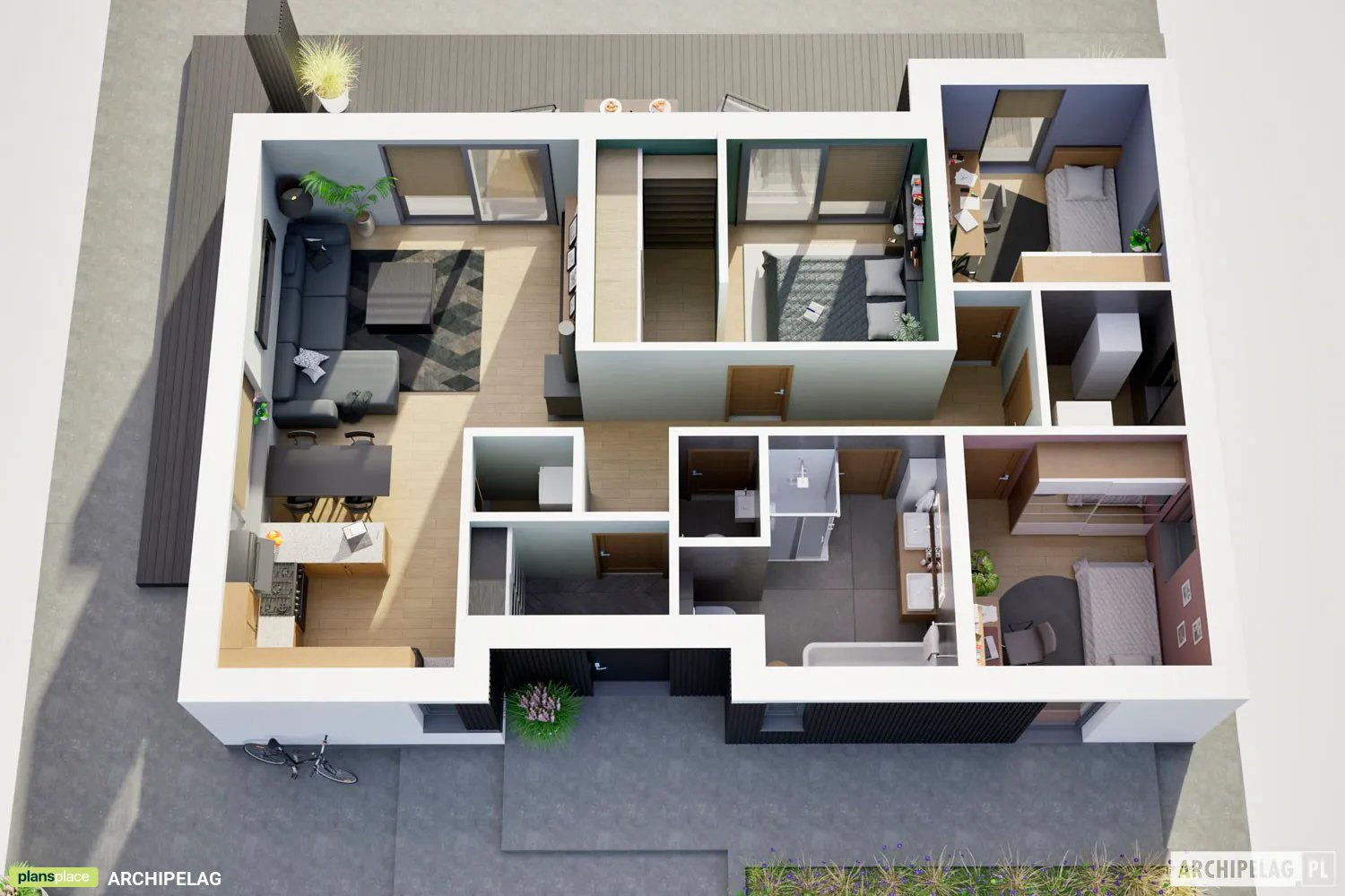 Projekt domu jednorodzinnego o pow. 94 m²: Parterowy, 3 Sypialnie, 2 Łazienki, Otwarta kuchnia (System metryczny)