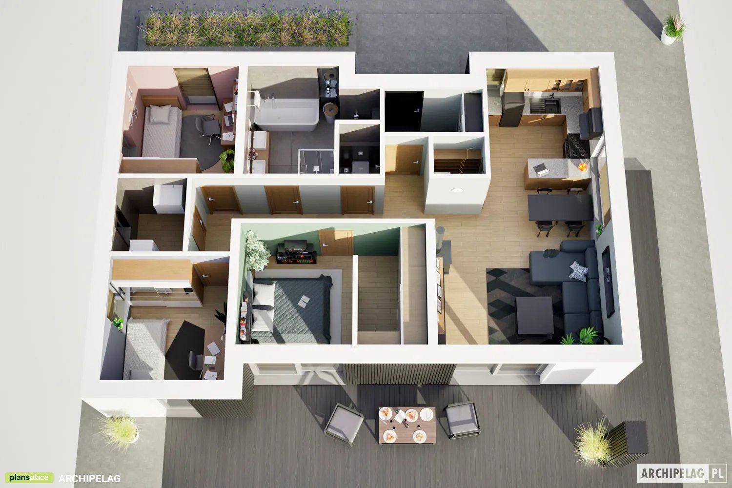 Projekt domu jednorodzinnego o pow. 94 m²: Parterowy, 3 Sypialnie, 2 Łazienki, Otwarta kuchnia (System metryczny)