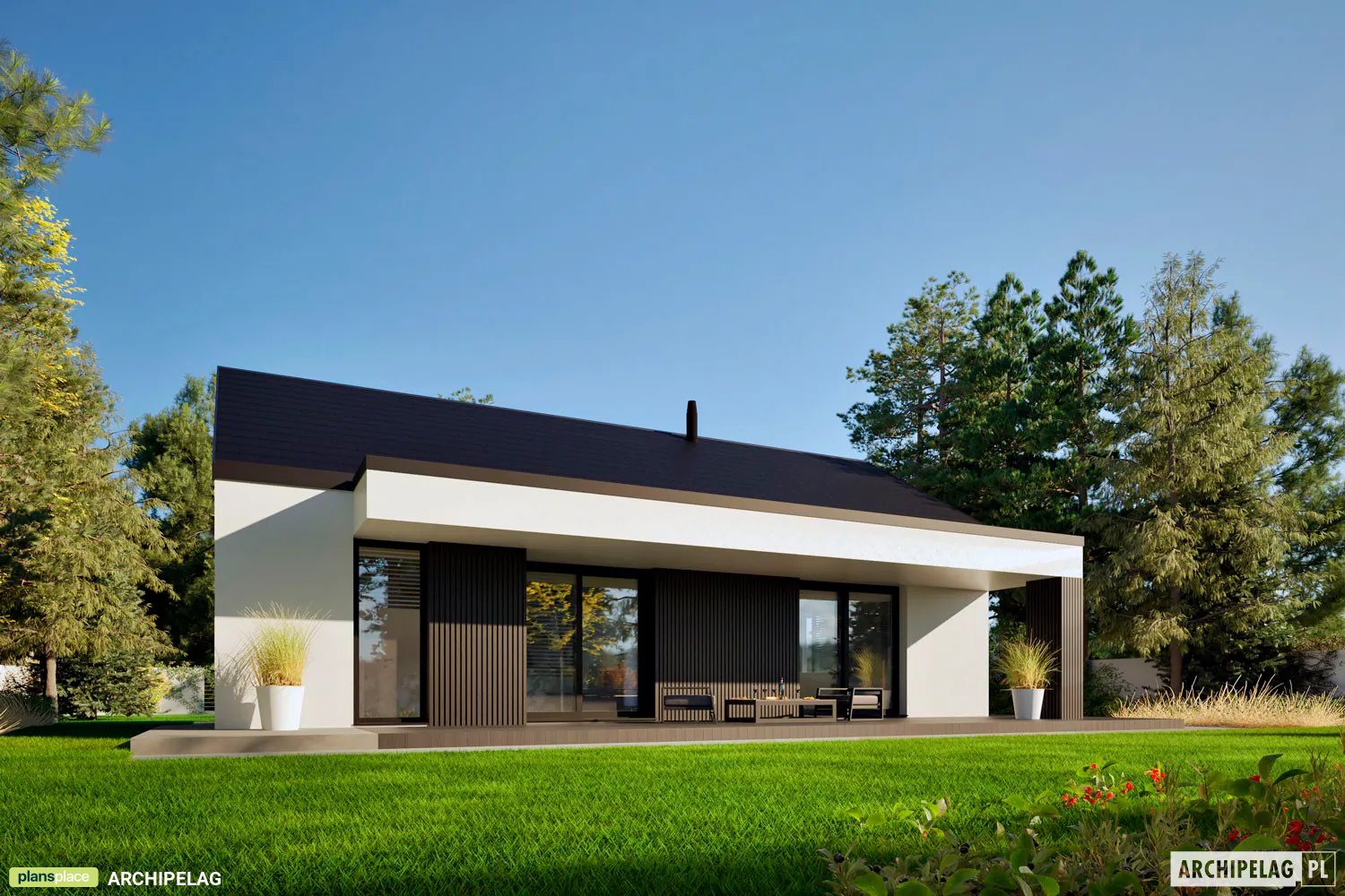 Projekt domu jednorodzinnego o pow. 94 m²: Parterowy, 3 Sypialnie, 2 Łazienki, Otwarta kuchnia (System metryczny)