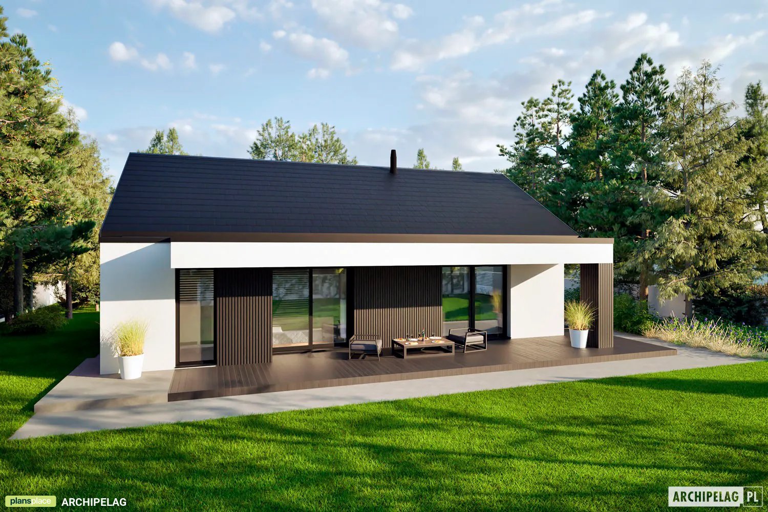 Projekt domu jednorodzinnego o pow. 94 m²: Parterowy, 3 Sypialnie, 2 Łazienki, Otwarta kuchnia (System metryczny)