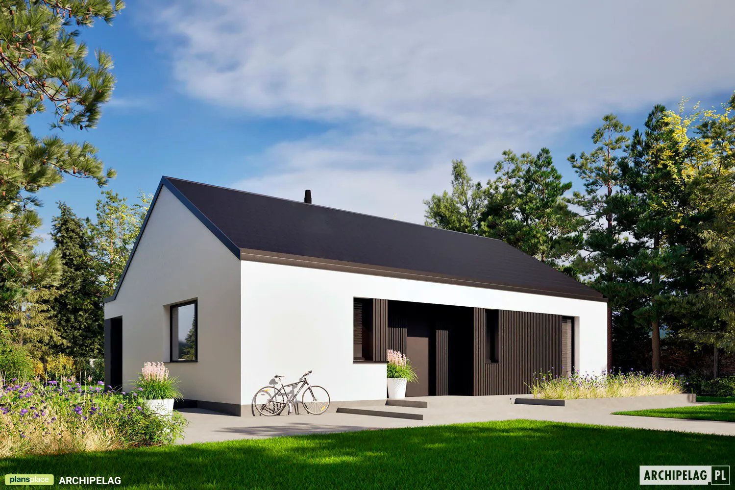 Projekt domu jednorodzinnego o pow. 94 m²: Parterowy, 3 Sypialnie, 2 Łazienki, Otwarta kuchnia (System metryczny)