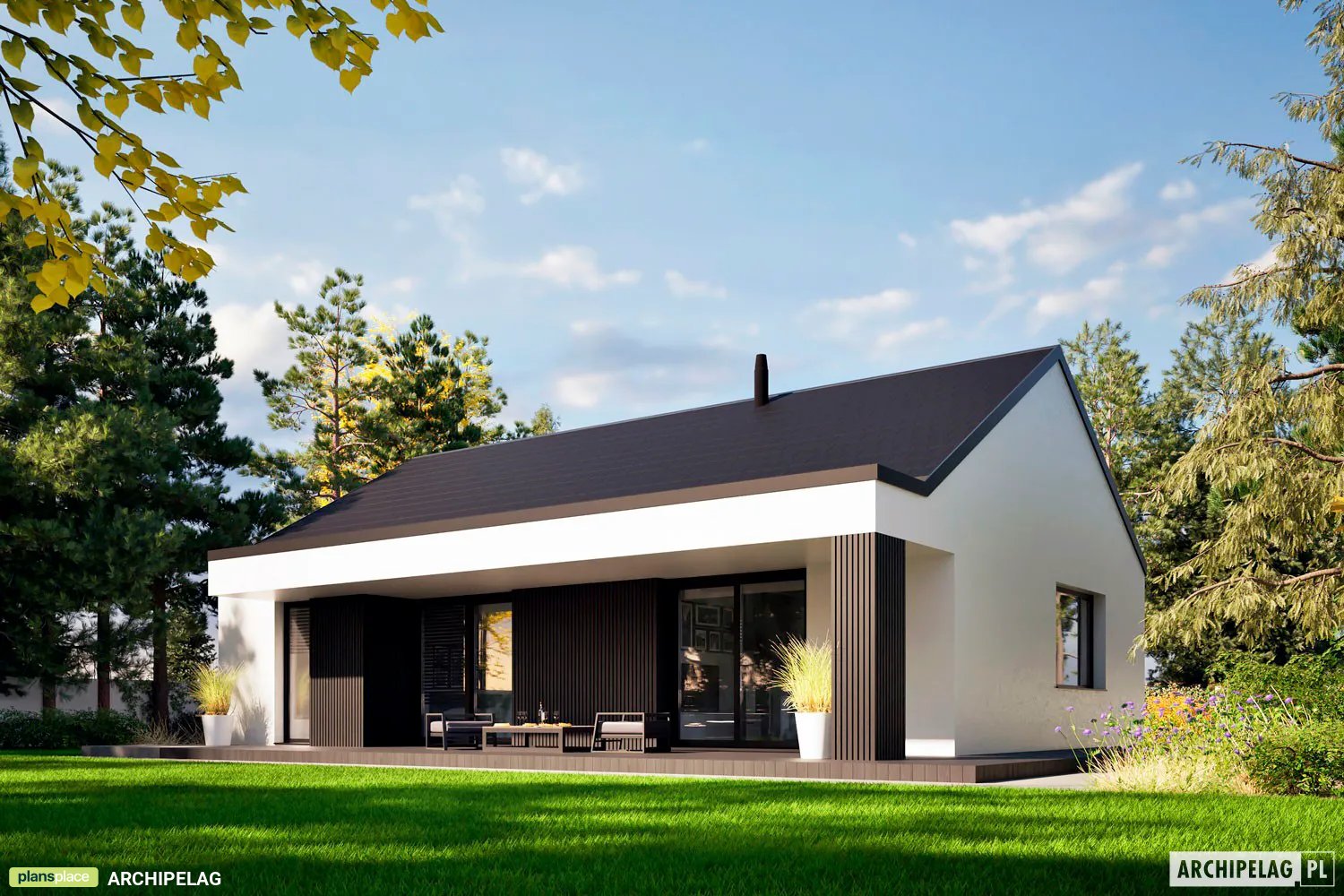 Projekt domu jednorodzinnego o pow. 94 m²: Parterowy, 3 Sypialnie, 2 Łazienki, Otwarta kuchnia (System metryczny)