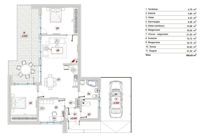 Parter 1 – Projekt domu parterowego o pow. 108 m², 2 Sypialnie — 87479R