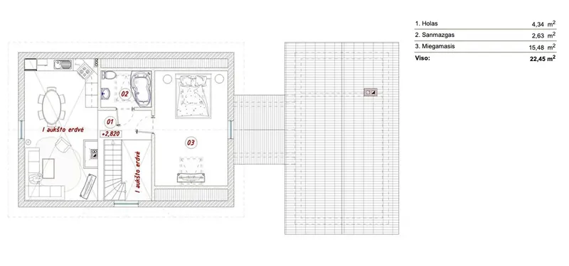 1. piętro 1 – Projekt domu z poddaszem użytkowym o pow. 127 m², 2 Sypialnie — 63224R