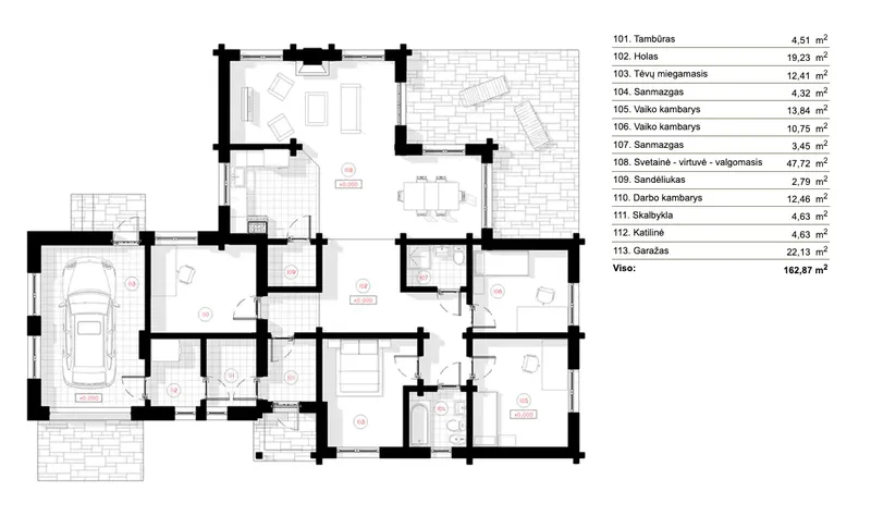 Parter 6 – Projekt domu parterowego o pow. 163 m², 4 Sypialnie — 92129R