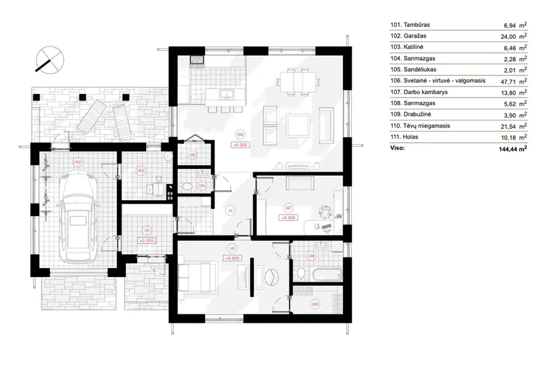 Parter 6 – Projekt domu parterowego o pow. 144 m², 2 Sypialnie — 96363R