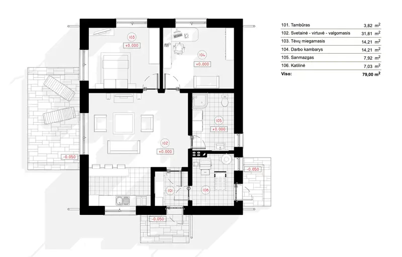 Parter 6 – Projekt domu parterowego o pow. 79 m², 2 Sypialnie — 22557R