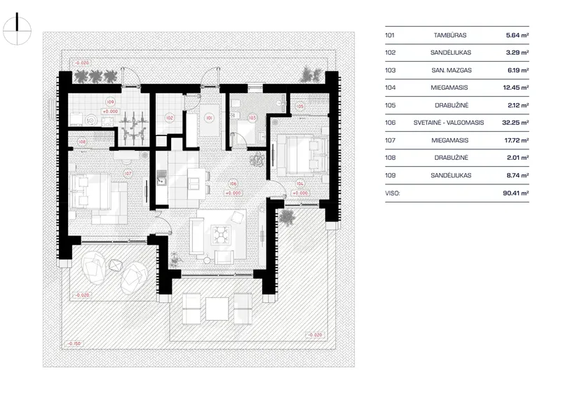 Parter 1 – Projekt domu parterowego o pow. 90 m², 2 Sypialnie — 17407RB