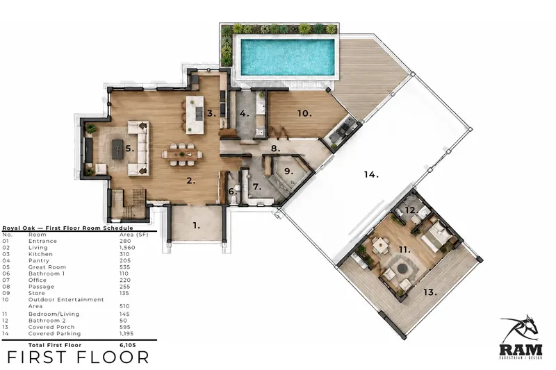 Parter 14 – Projekt domu z poddaszem użytkowym o pow. 647 m², 5 Sypialnie — 80207R