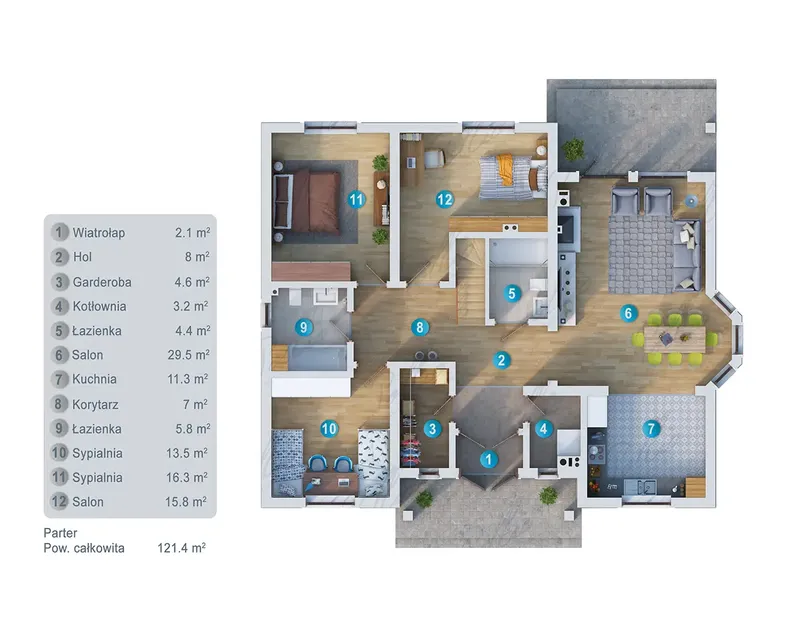 Parter 1 – Projekt domu z poddaszem użytkowym o pow. 164 m², 4 Sypialnie — 18104C