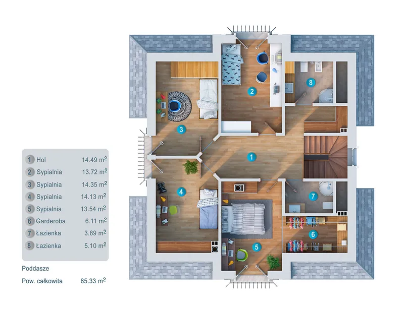 1. piętro 1 – Projekt domu z poddaszem użytkowym o pow. 170 m², 4 Sypialnie — 94246C