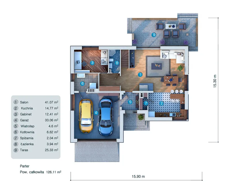 Parter 1 – Projekt domu piętrowego o pow. 234 m², 3 Sypialnie — 19339C