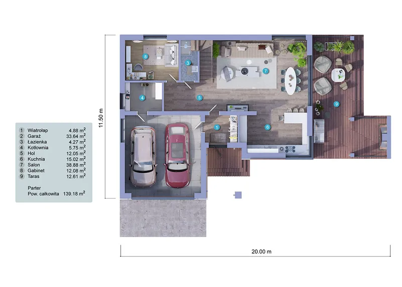 Parter 1 – Projekt domu piętrowego o pow. 236 m², 4 Sypialnie — 94225C