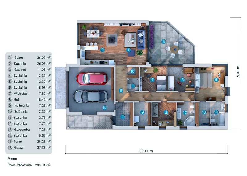 Parter 1 – Projekt domu parterowego o pow. 203 m², 3 Sypialnie — 39454C