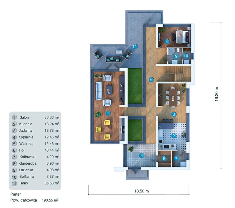 Parter 10 – Projekt domu dwupiętrowego o pow. 338 m², 4 Sypialnie — 36682C