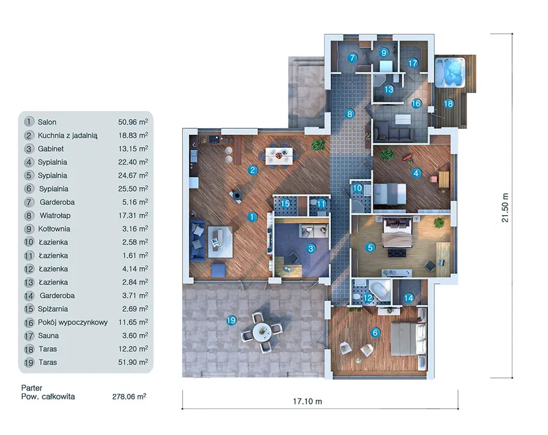 Parter 10 – Projekt domu parterowego o pow. 217 m², 3 Sypialnie — 87176C