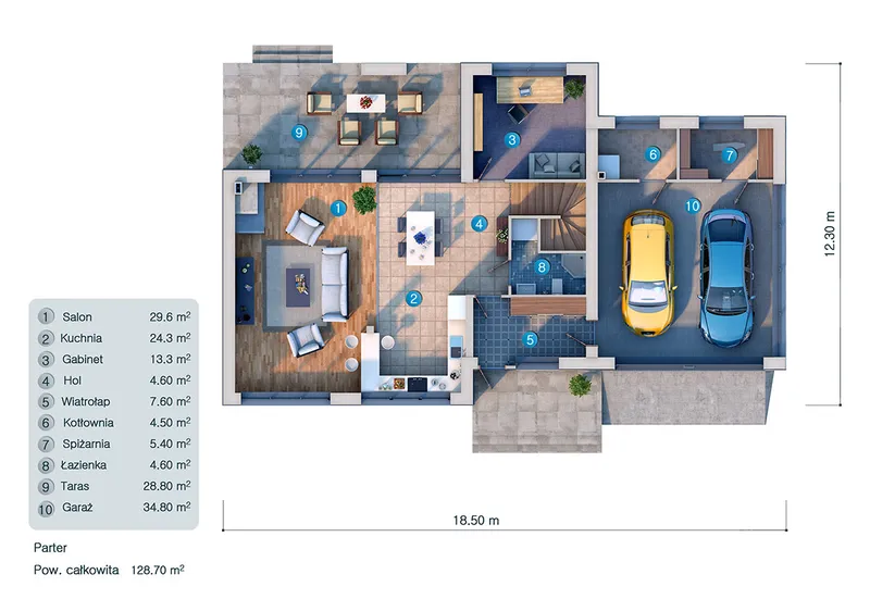 Parter 10 – Projekt domu piętrowego o pow. 263 m², 3 Sypialnie — 39013C