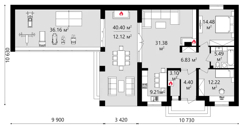 Parter 1 – Projekt domu parterowego o pow. 135 m², 2 Sypialnie — 48370C