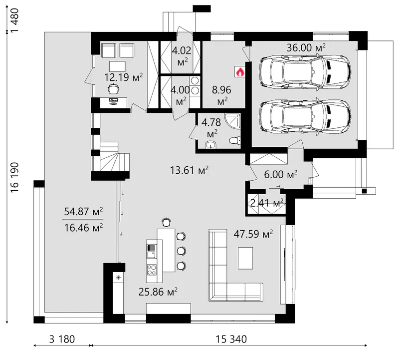 Parter 13 – Projekt domu piętrowego o pow. 330 m², 4 Sypialnie — 82818R