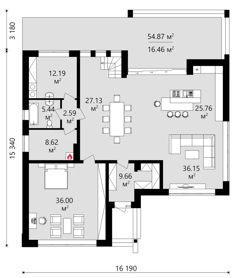 Parter 12 – Projekt domu piętrowego o pow. 329 m², 5 Sypialnie — 64494R