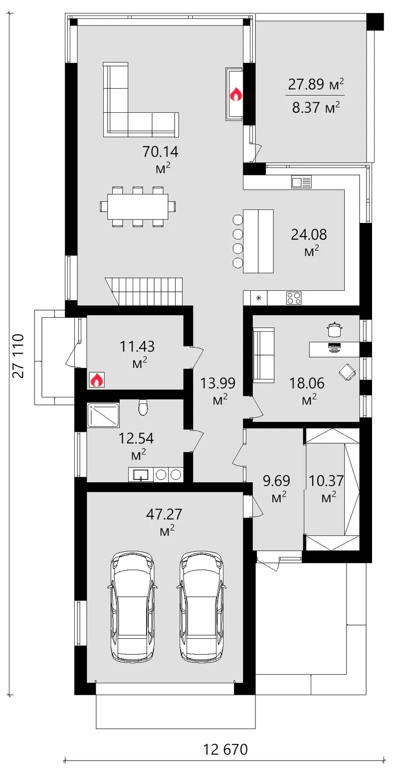 Parter 13 – Projekt domu piętrowego o pow. 415 m², 3 Sypialnie — 94830R